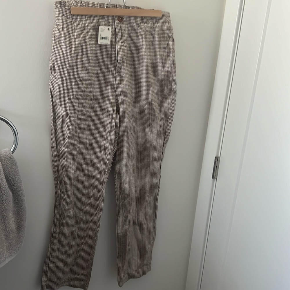 Free people brown and white gingham pants size L NWT